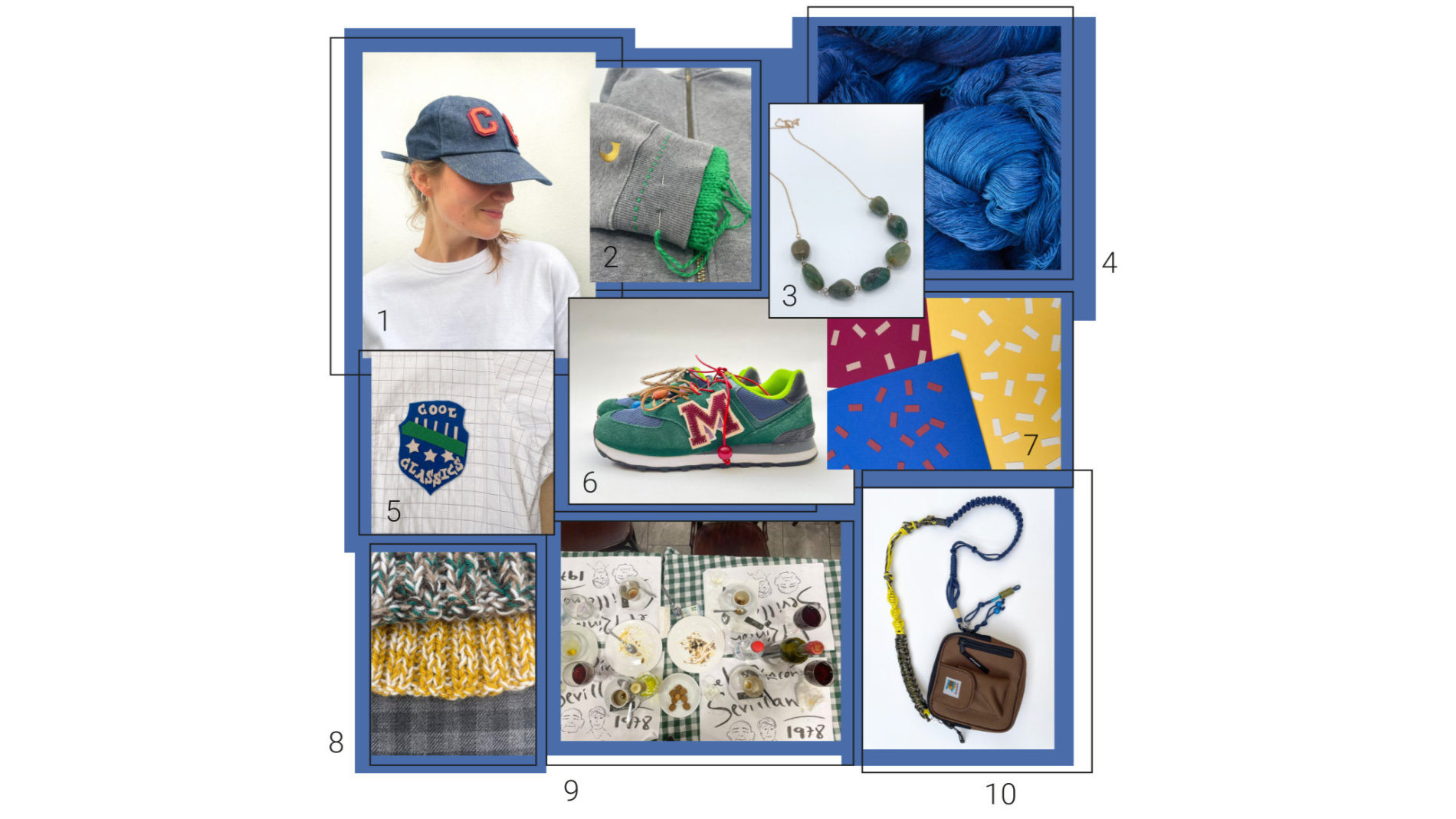 COOL CLASSICS | Credits 1 letters and numbers in classic college style 2 bold impact meets refashion: sweatshirts with knitted cuffs 3 Statement jewellery made from semi-precious stones 4 into the blue: indigo-dyed wool 5 sporty emblems and badges that stand out 6 every sneaker a one-of-a-kind 7 maximum impact with minimal patterns 8 colourful blends created by knitting with two or three strands 9 handwritten typography, Bar El Rincón Sevillano 10 the art of knots: paracord and macramé