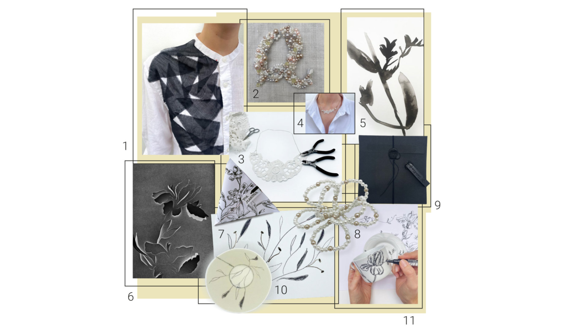 MODERN ROMANTICS | Credits 1 transparent appliqués 2 beaded embroidery for initials 3+4 delicate lace jewellery 5 floral ink and watercolour illustrations 6 cut-outs on dark paper 7 packaging as personal as the contents 8 beaded flower pins 9 elegant black sealing wax 10 inspired by nature: botanical sketches 11 a floral walk across porcelain