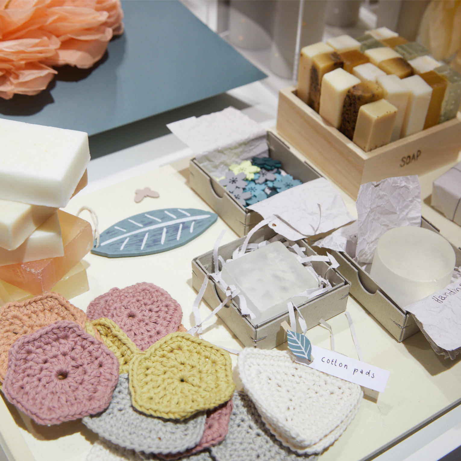 Sustainable products at Creativeworld: soaps and cotton pads